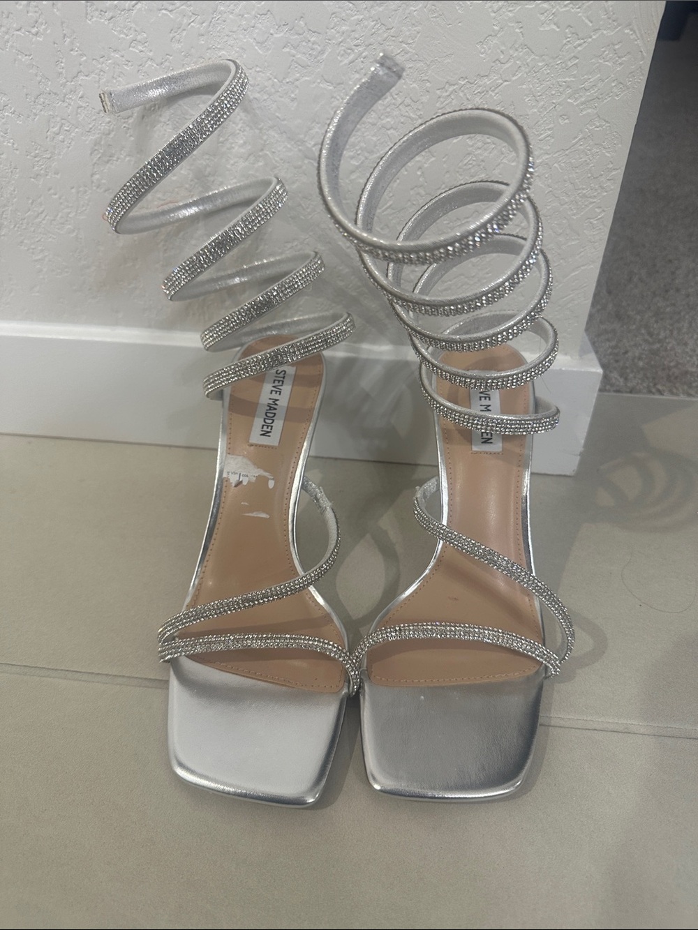 Steve Madden Silver Spiral Crystal-Strap High Heel Sandals